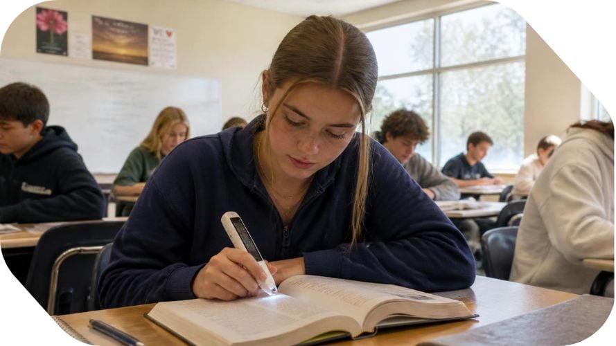 Student using a reading pen to read the words in a textbook in class. (AI generated)